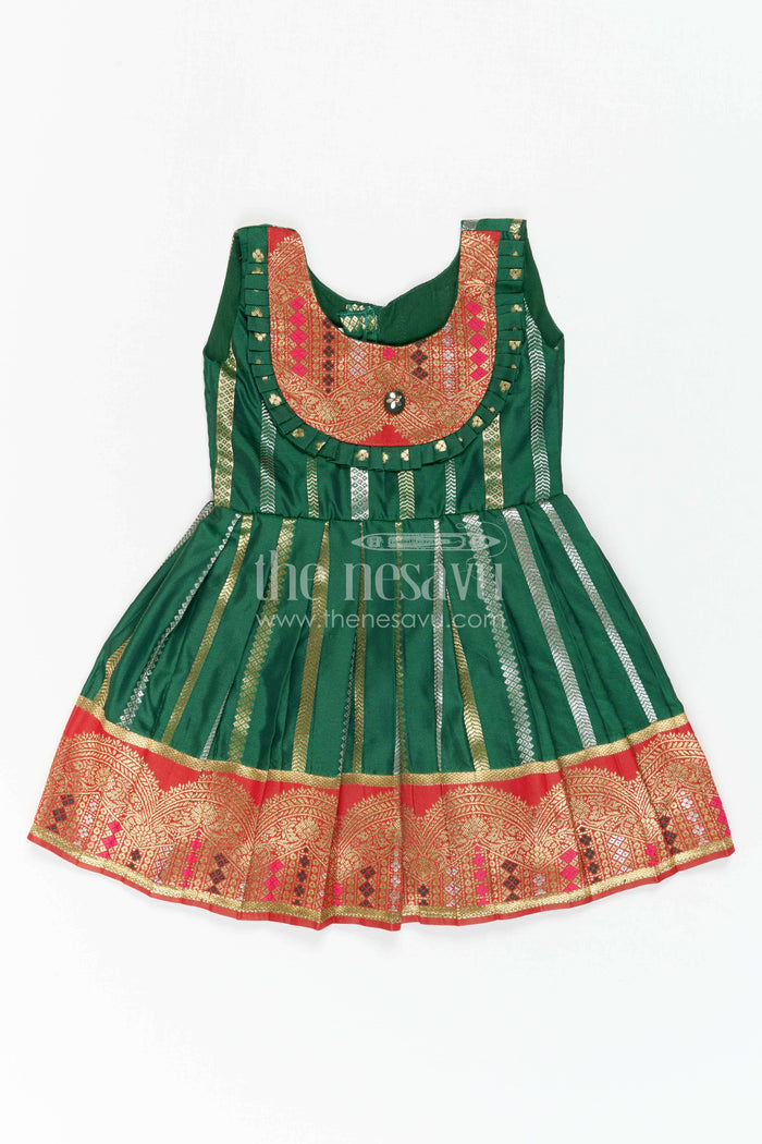 The Nesavu Girls Kanchi Silk Frock Girls Silk Frock for Wedding Receptions and Festive Occasions Nesavu 16 (1Y) / Green / Style 3 KSF046BC-16 Nesavu Girls Semi Kanchivaram Silk Frock With Grand Border For Weddings And Festive Celebrations
