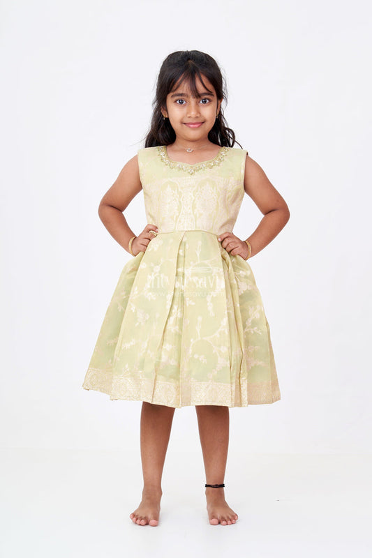 The Nesavu Silk Party Frock Girls Silk Short Frock with Embroidered Neckline and Pleated Skirt for Party Wear Nesavu 16 (1Y) / Cream SF976A-16 Nesavu Girls Silk Short Frock Pleated Skirt Embroidered Neckline Party Wear