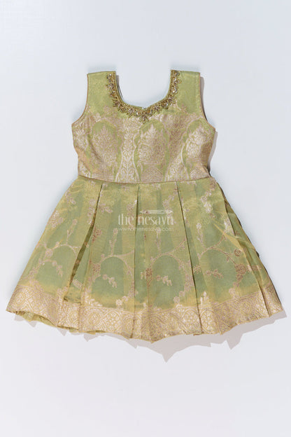 The Nesavu Silk Party Frock Girls Silk Short Frock with Embroidered Neckline and Pleated Skirt for Party Wear Nesavu Nesavu Girls Silk Short Frock Pleated Skirt Embroidered Neckline Party Wear