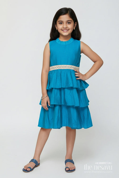 The Nesavu Girls Chanderi Frock Girls Sleeveless Chanderi Frock for Festive Events and Ethnic Days Nesavu 18 (2Y) / Blue GFC2011D-18 Nesavu girls blue chanderi frock festive family gatherings ethnic school wear
