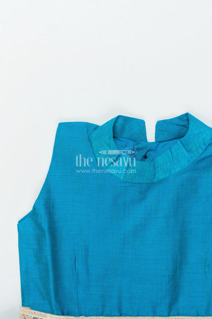 The Nesavu Girls Chanderi Frock Girls Sleeveless Chanderi Frock for Festive Events and Ethnic Days Nesavu Nesavu girls blue chanderi frock festive family gatherings ethnic school wear