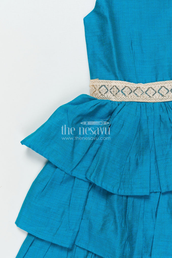 The Nesavu Girls Chanderi Frock Girls Sleeveless Chanderi Frock for Festive Events and Ethnic Days Nesavu Nesavu girls blue chanderi frock festive family gatherings ethnic school wear
