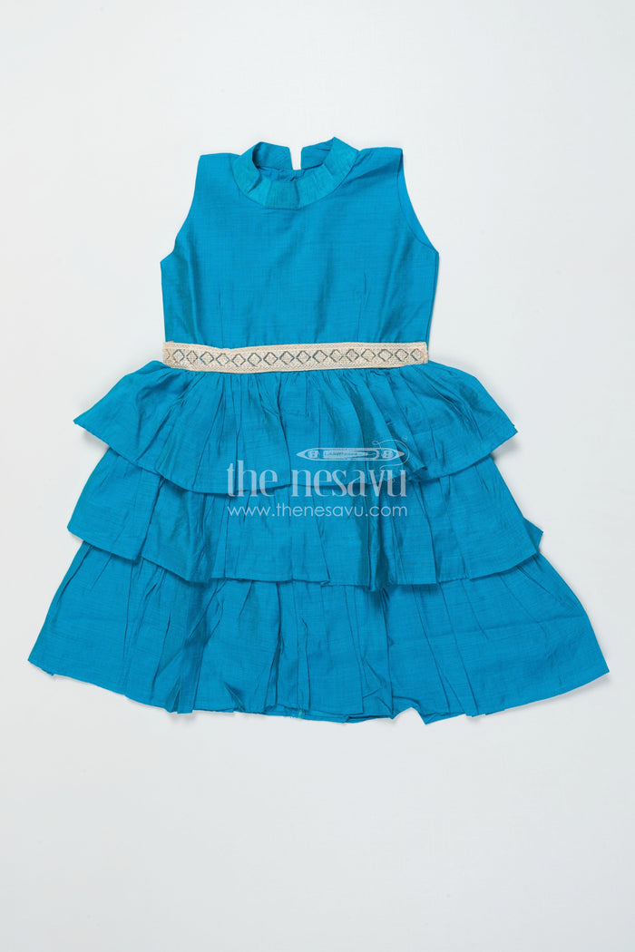 The Nesavu Girls Chanderi Frock Girls Sleeveless Chanderi Frock for Festive Events and Ethnic Days Nesavu Nesavu girls blue chanderi frock festive family gatherings ethnic school wear