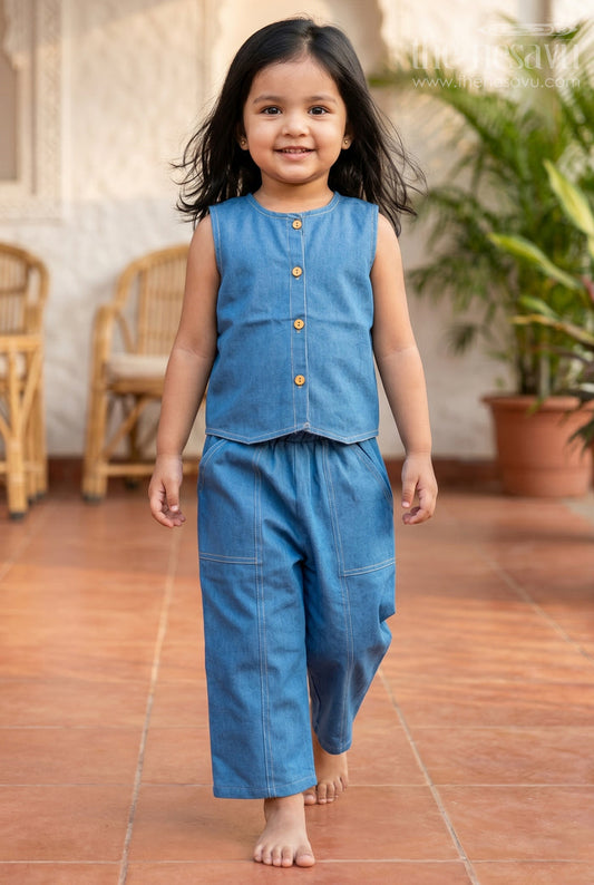The Nesavu Girls Co-Ord Sets Girls Sleeveless Co Ord Set for Casual Weekend Outings Nesavu 22 (4Y) / Blue / Cotton Blend GCS066B-22 Nesavu Girls Sleeveless Cotton Blend Co Ord Set With Wide Leg Pants For Casual Outings