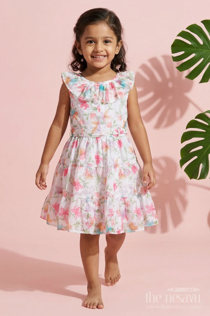 The Nesavu Girls Cotton Frock Girls Sleeveless Frock with Digital Floral Print for Outings and Birthdays Nesavu 20 (3Y) / Multicolor / Georgette GFC2118A-20 Nesavu girls georgette brasso frock with floral digital print for birthdays and casual outings