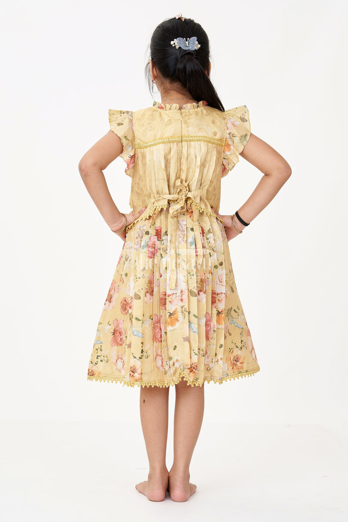 The Nesavu Girls Fancy Frock Girls Special Eid Frock in Yellow Cotton Blend with Floral Print and Sequin Embroidery Yoke Nesavu Nesavu Girls Special Eid Frock Yellow Floral Cotton Blend Sequin Embroidery Lace Details