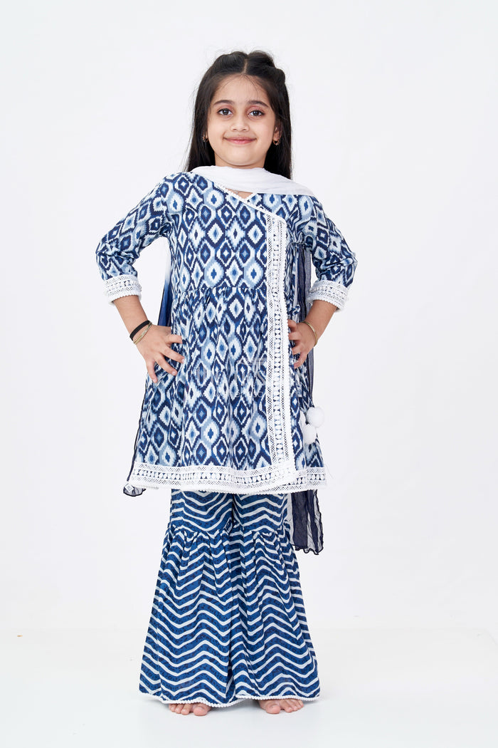 The Nesavu Girls Sharara / Plazo Set Girls Suit Plazo Set with Ikat Inspired Print and Pom-Pom Detailing in Blue and White Nesavu Nesavu Girls Blue White Suit Plazo Set Ikat Inspired Print Pom-Pom Detailing