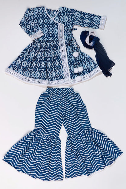 The Nesavu Girls Sharara / Plazo Set Girls Suit Plazo Set with Ikat Inspired Print and Pom-Pom Detailing in Blue and White Nesavu Nesavu Girls Blue White Suit Plazo Set Ikat Inspired Print Pom-Pom Detailing