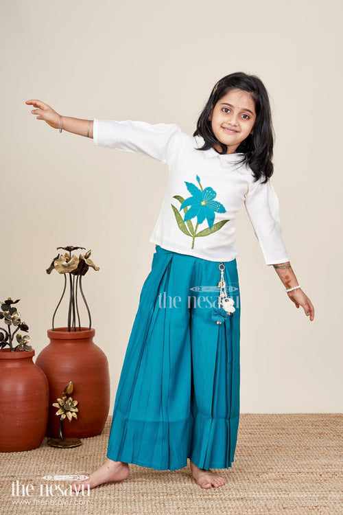 The Nesavu Girls Sharara / Plazo Set Girls teal floral embroidery top and palazzo pants set Nesavu 18 (2Y) / Blue GPS820B-18 Nesavu girls teal floral embroidered cotton top with matching palazzo festive and comfortable outfit