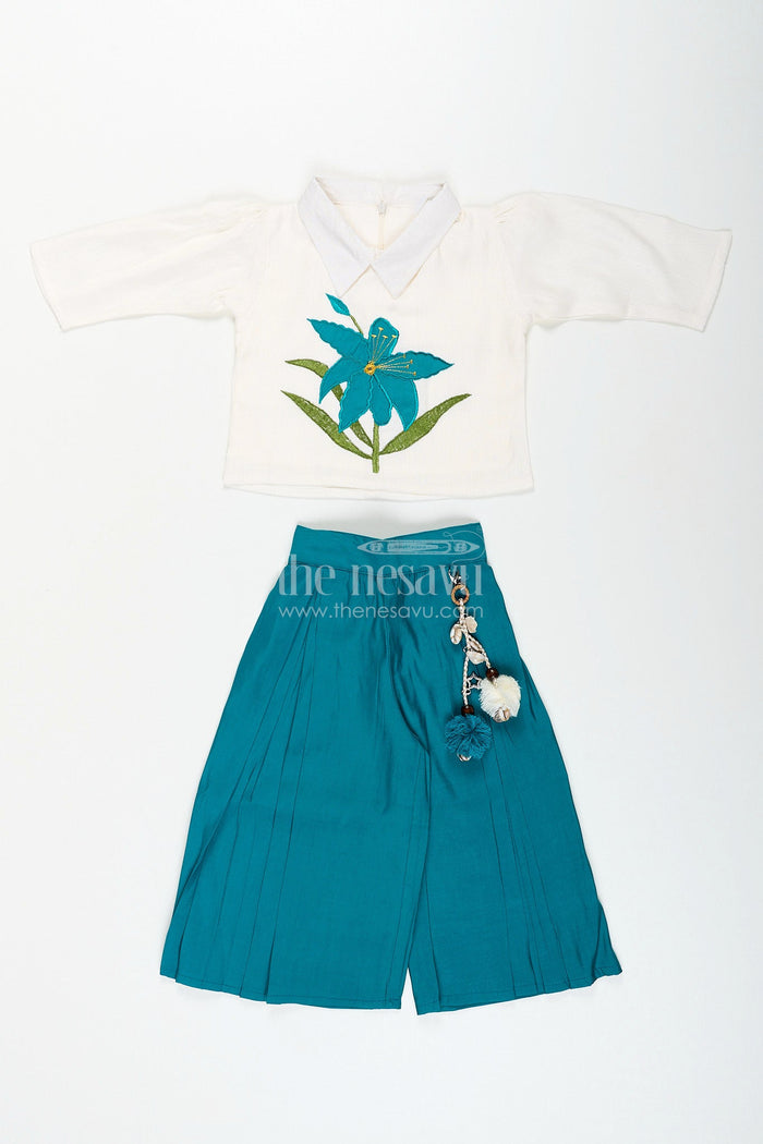 The Nesavu Girls Sharara / Plazo Set Girls teal floral embroidery top and palazzo pants set Nesavu Nesavu girls teal floral embroidered cotton top with matching palazzo festive and comfortable outfit