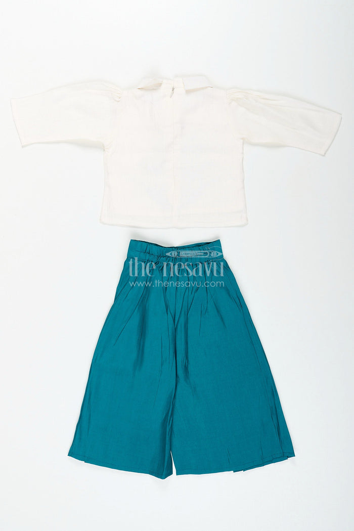 The Nesavu Girls Sharara / Plazo Set Girls teal floral embroidery top and palazzo pants set Nesavu Nesavu girls teal floral embroidered cotton top with matching palazzo festive and comfortable outfit