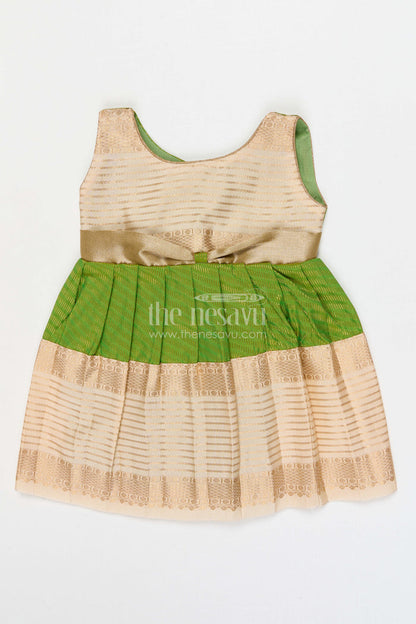The Nesavu Girls Kanchi Silk Frock Girls Temple Wear Silk Frock for Traditional Occasions Nesavu 10 (NB) / Green / Style 4 KSF028AD-10 Nesavu Girls Temple Wear Kanchivaram Silk Frock For Traditional Ceremonies And Festive Occasions
