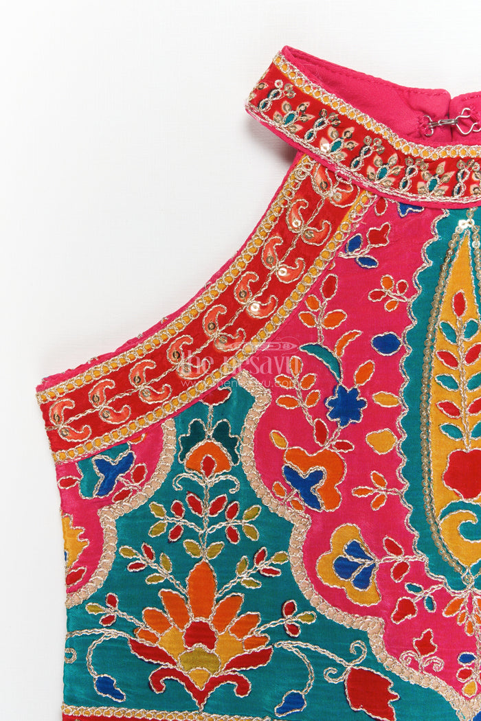 The Nesavu Girls Sharara / Plazo Set Girls Traditional Plazo Set with Mirror Embroidery for Cultural Day and Festive Wear Nesavu Nesavu girls traditional embroidered plazo set with high-neck blouse and dupatta for cultural functions