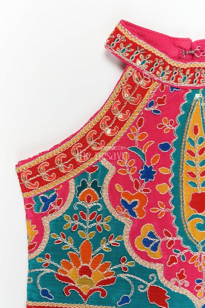 The Nesavu Girls Sharara / Plazo Set Girls Traditional Plazo Set with Mirror Embroidery for Cultural Day and Festive Wear Nesavu Nesavu girls traditional embroidered plazo set with high-neck blouse and dupatta for cultural functions
