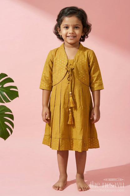 The Nesavu Girls Chanderi Frock Girls Traditional Silk Frock with Jacket for Weddings and Festive Functions Nesavu 20 (3Y) / Green / Viscose Silk GFC2114A-20 Nesavu girls silk frock with embroidered jacket – perfect for weddings and festive occasions