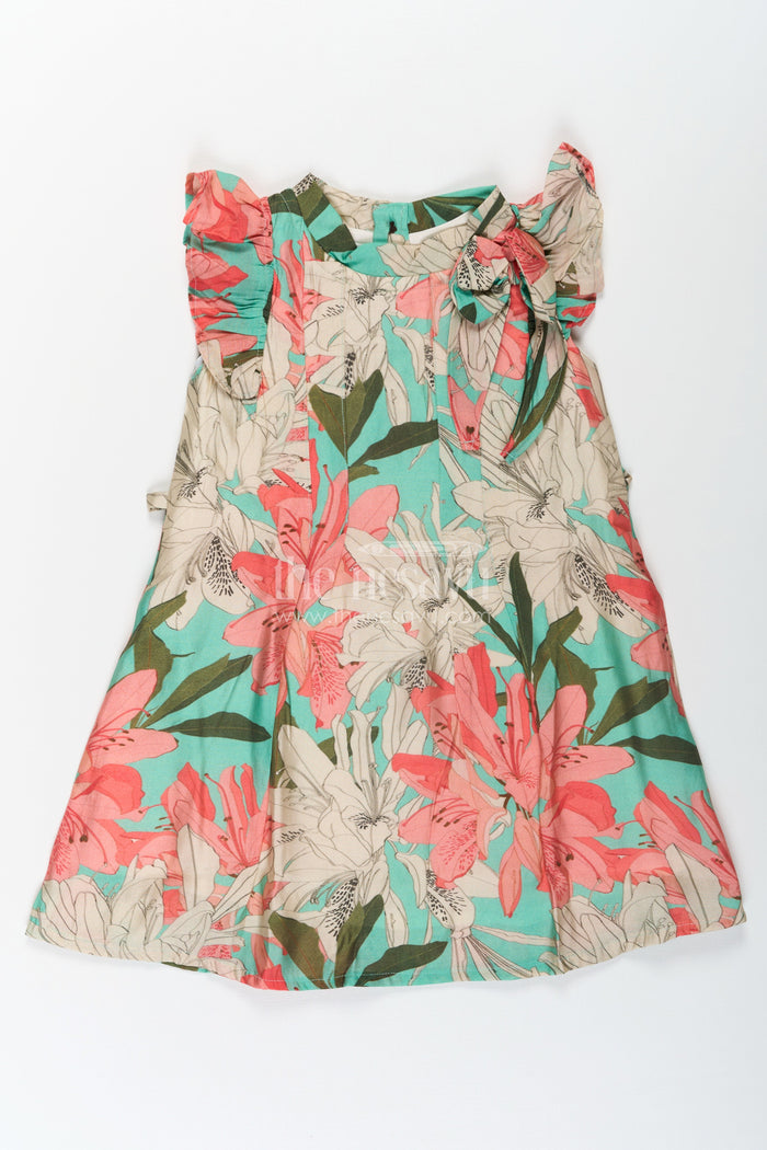 The Nesavu Girls Cotton Frock Girls Viscose Silk Acche Acche Frock with Ruffled Sleeves and Vibrant Red Green Floral Print Nesavu 18 (2Y) / Green GFC1663B-18 Nesavu Girls Acche Acche Frock Viscose Silk Bold Floral Digital Print Stylish Neck Bow