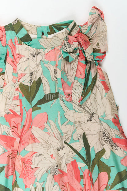 The Nesavu Girls Cotton Frock Girls Viscose Silk Acche Acche Frock with Ruffled Sleeves and Vibrant Red Green Floral Print Nesavu Nesavu Girls Acche Acche Frock Viscose Silk Bold Floral Digital Print Stylish Neck Bow