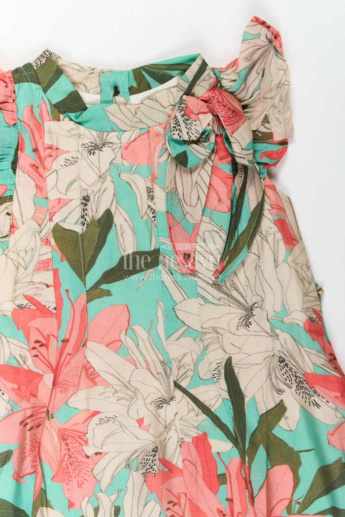 The Nesavu Girls Cotton Frock Girls Viscose Silk Acche Acche Frock with Ruffled Sleeves and Vibrant Red Green Floral Print Nesavu Girls Acche Acche Frock Viscose Silk Bold Floral Digital Print Stylish Neck Bow | The Nesavu