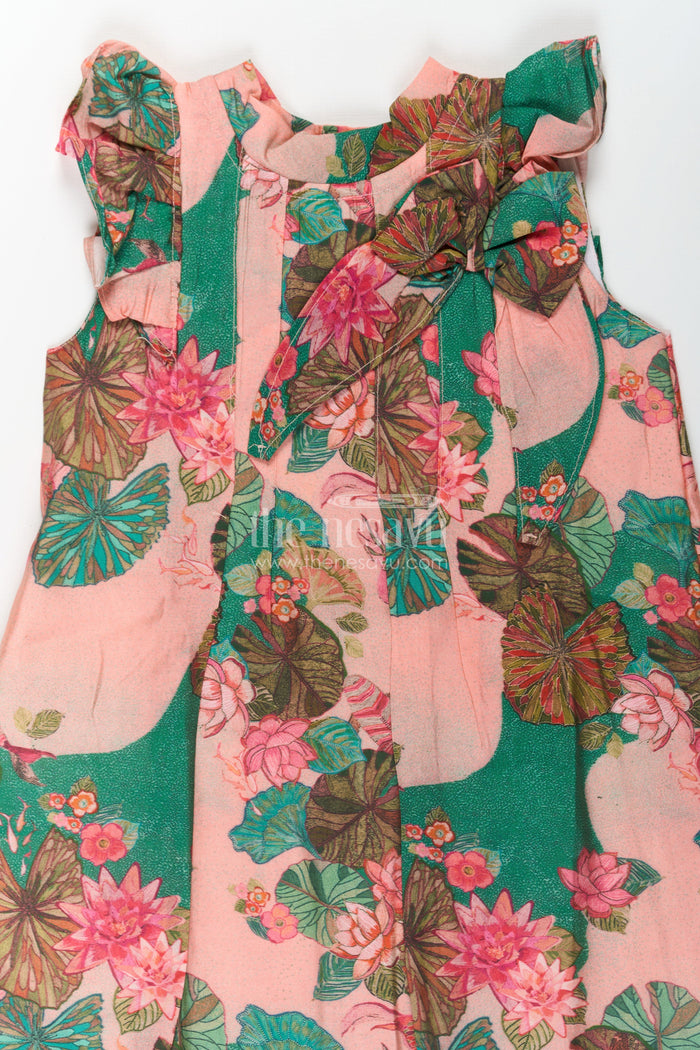 The Nesavu Girls Cotton Frock Girls Viscose Silk Frock Floral Design with Lotus Print and Pleated Details for Comfortable Daywear Nesavu Nesavu Girls Frock Floral Design Viscose Silk Lotus Motifs Soft Ruffled Sleeves