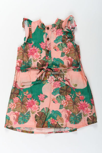 The Nesavu Girls Cotton Frock Girls Viscose Silk Frock Floral Design with Lotus Print and Pleated Details for Comfortable Daywear Nesavu Nesavu Girls Frock Floral Design Viscose Silk Lotus Motifs Soft Ruffled Sleeves