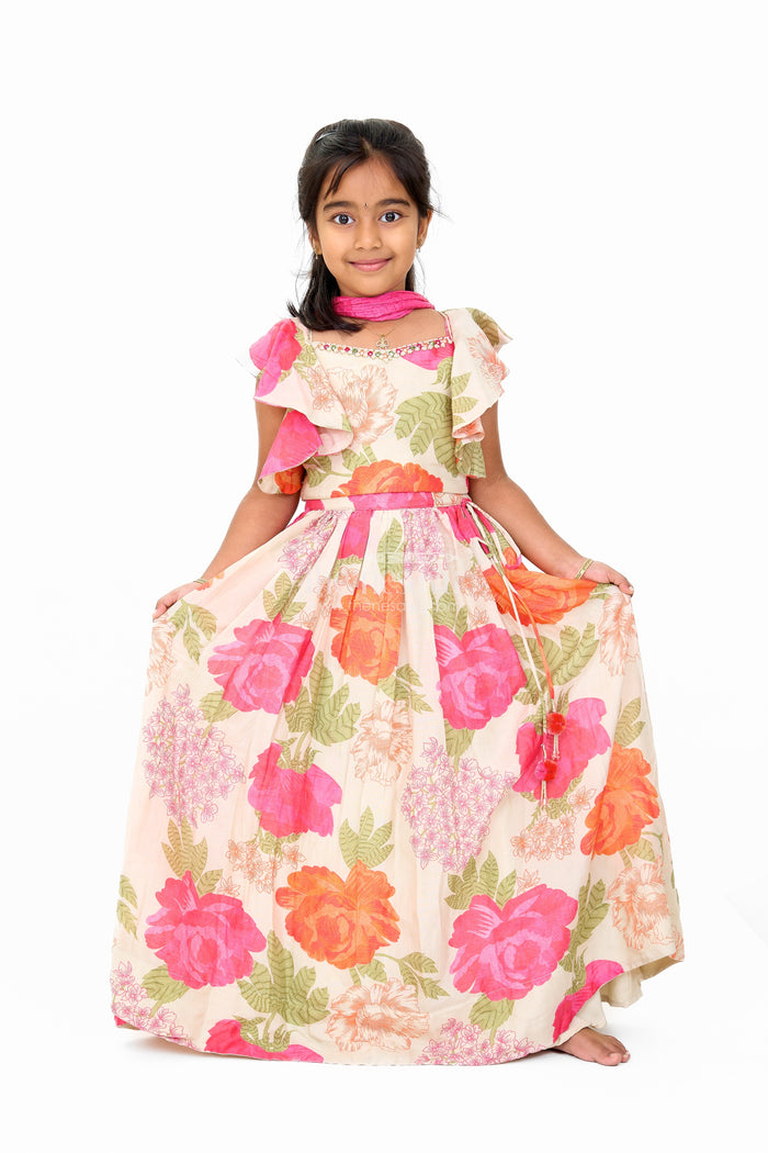 The Nesavu Girls Lehenga Choli Girls Wedding Lehenga in Cream Floral Muslin Silk with Ruffle Sleeves Nesavu 16 (1Y) / Cream GL550A-16 Nesavu Girls Wedding Lehenga Cream Floral Muslin Silk Ruffle Sleeves