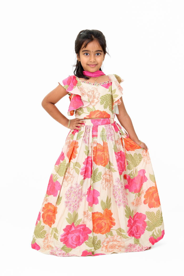 The Nesavu Girls Lehenga Choli Girls Wedding Lehenga in Cream Floral Muslin Silk with Ruffle Sleeves Nesavu Nesavu Girls Wedding Lehenga Cream Floral Muslin Silk Ruffle Sleeves