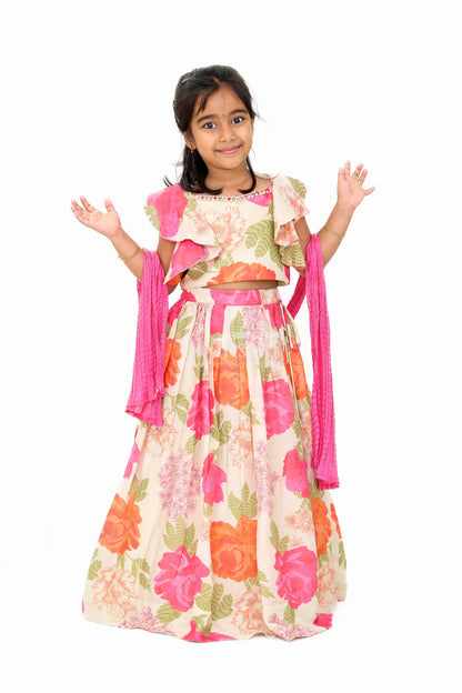 The Nesavu Girls Lehenga Choli Girls Wedding Lehenga in Cream Floral Muslin Silk with Ruffle Sleeves Nesavu Nesavu Girls Wedding Lehenga Cream Floral Muslin Silk Ruffle Sleeves