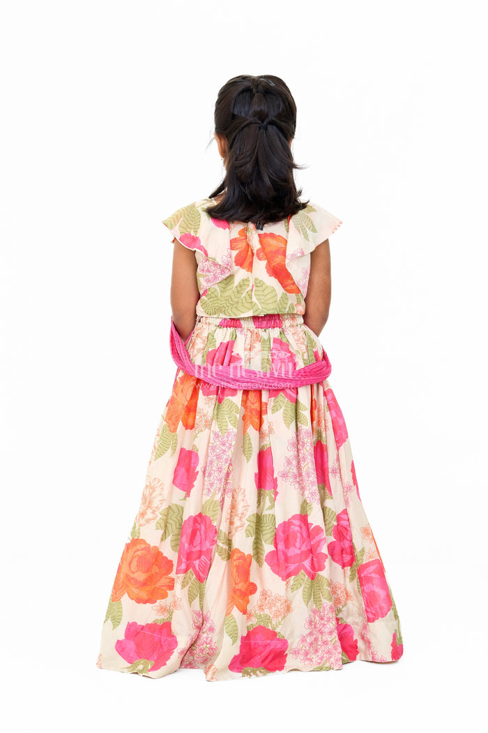 The Nesavu Girls Lehenga Choli Girls Wedding Lehenga in Cream Floral Muslin Silk with Ruffle Sleeves Nesavu Nesavu Girls Wedding Lehenga Cream Floral Muslin Silk Ruffle Sleeves