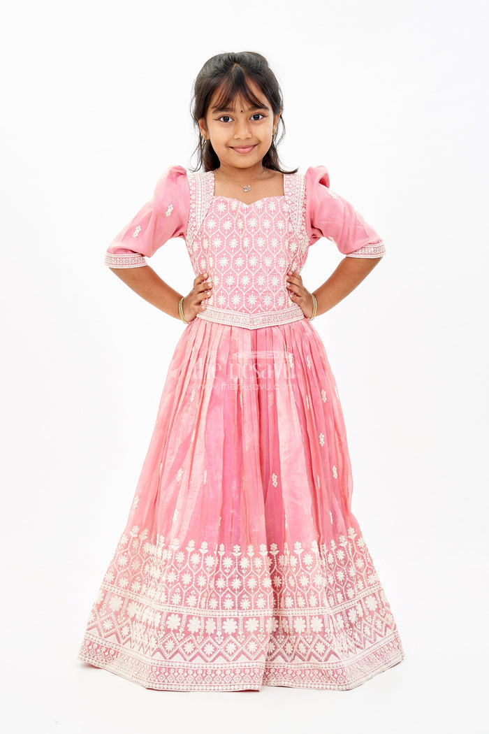 The Nesavu Girls Silk Gown Girls White and Pink Anarkali Dress with Heavy Embroidery and Gold Accents Nesavu Nesavu Girls White Pink Anarkali Dress Gold Embroidery Elegant Flair