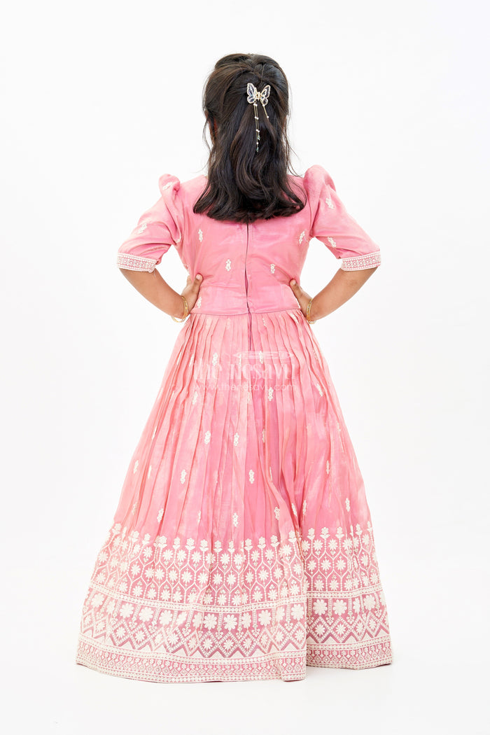 The Nesavu Girls Silk Gown Girls White and Pink Anarkali Dress with Heavy Embroidery and Gold Accents Nesavu Nesavu Girls White Pink Anarkali Dress Gold Embroidery Elegant Flair