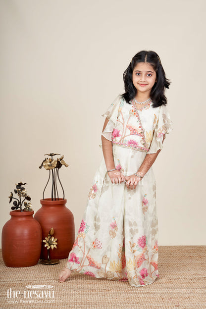 The Nesavu Girls white floral sharara set with puff sleeve blouse for birthdays and events Nesavu Nesavu girls white floral printed sharara set puff sleeve top  perfect festive birthdays family functions