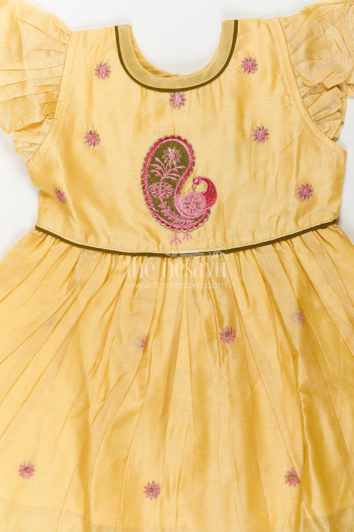 The Nesavu Girls Chanderi Frock Girls Yellow Chanderi Simple Frocks Designs with Paisley Embroidery and Soft Ruffles Nesavu Nesavu Yellow Chanderi Simple Frocks Designs Paisley Embroidery Girls