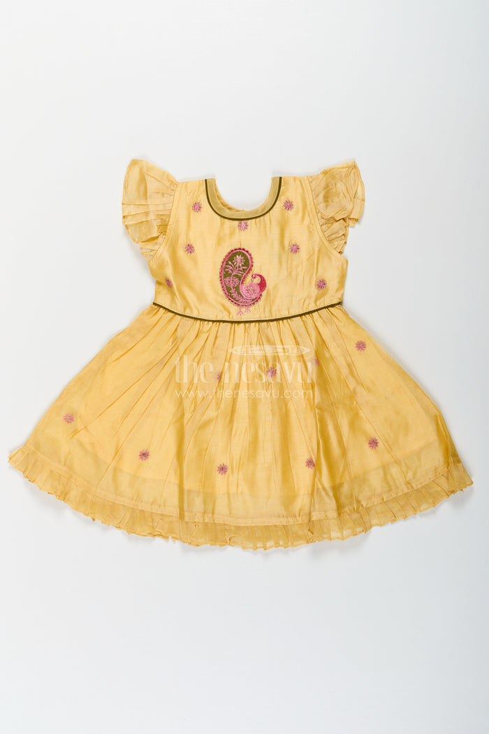 The Nesavu Girls Chanderi Frock Girls Yellow Chanderi Simple Frocks Designs with Paisley Embroidery and Soft Ruffles Nesavu 16 (1Y) / Yellow GFC1683A-16 Yellow Chanderi Simple Frocks Designs Paisley Embroidery Girls | The Nesavu