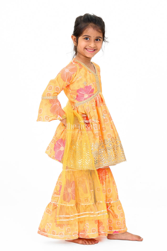 The Nesavu Girls Sharara / Plazo Set Girls Yellow Chinon Silk Sharara Set with Floral Print and Flared Sleeves for Festive Celebrations Nesavu 22 (4Y) / Yellow GPS422A-22 Nesavu Girls Yellow Chinon Silk Sharara Set Flared Sleeves Floral Print Festive Occasions