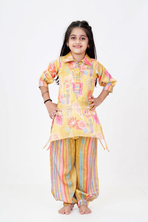 The Nesavu Girls Sharara / Plazo Set Girls Yellow Co-ord Set with Floral Printed Kurti and Striped Pants Nesavu 24 (5Y) / Yellow GPS552A-24 Nesavu Girls Yellow Co-ord Set Floral Printed Kurti Striped Pants