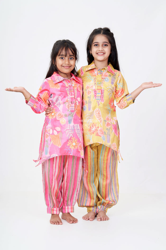 The Nesavu Girls Sharara / Plazo Set Girls Yellow Co-ord Set with Floral Printed Kurti and Striped Pants Nesavu Nesavu Girls Yellow Co-ord Set Floral Printed Kurti Striped Pants