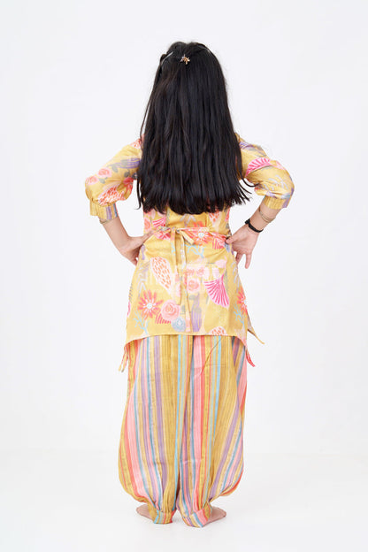 The Nesavu Girls Sharara / Plazo Set Girls Yellow Co-ord Set with Floral Printed Kurti and Striped Pants Nesavu Nesavu Girls Yellow Co-ord Set Floral Printed Kurti Striped Pants