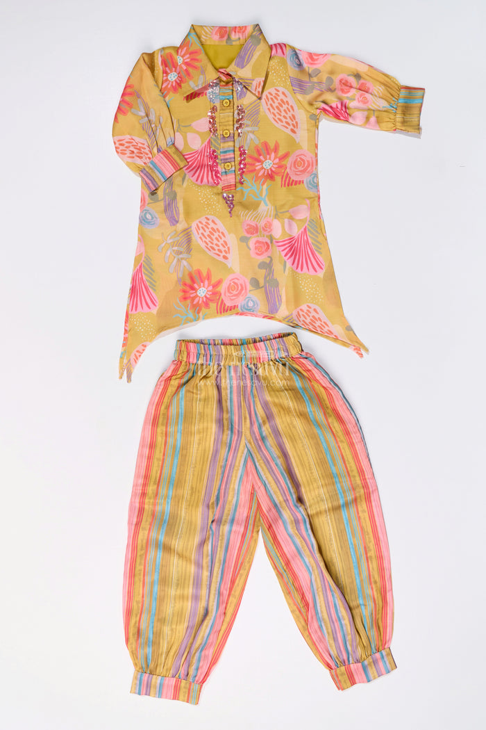 The Nesavu Girls Sharara / Plazo Set Girls Yellow Co-ord Set with Floral Printed Kurti and Striped Pants Nesavu Nesavu Girls Yellow Co-ord Set Floral Printed Kurti Striped Pants
