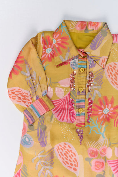 The Nesavu Girls Sharara / Plazo Set Girls Yellow Co-ord Set with Floral Printed Kurti and Striped Pants Nesavu Nesavu Girls Yellow Co-ord Set Floral Printed Kurti Striped Pants