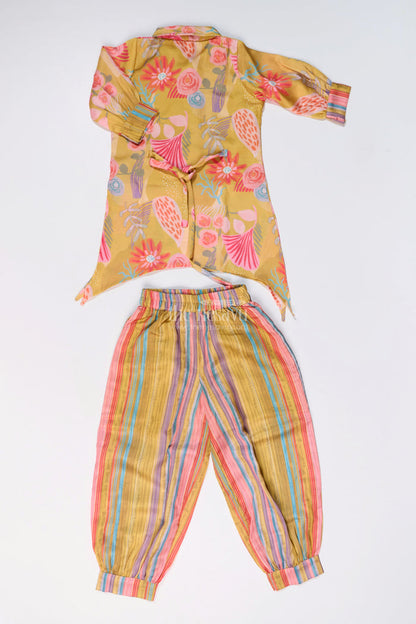 The Nesavu Girls Sharara / Plazo Set Girls Yellow Co-ord Set with Floral Printed Kurti and Striped Pants Nesavu Nesavu Girls Yellow Co-ord Set Floral Printed Kurti Striped Pants