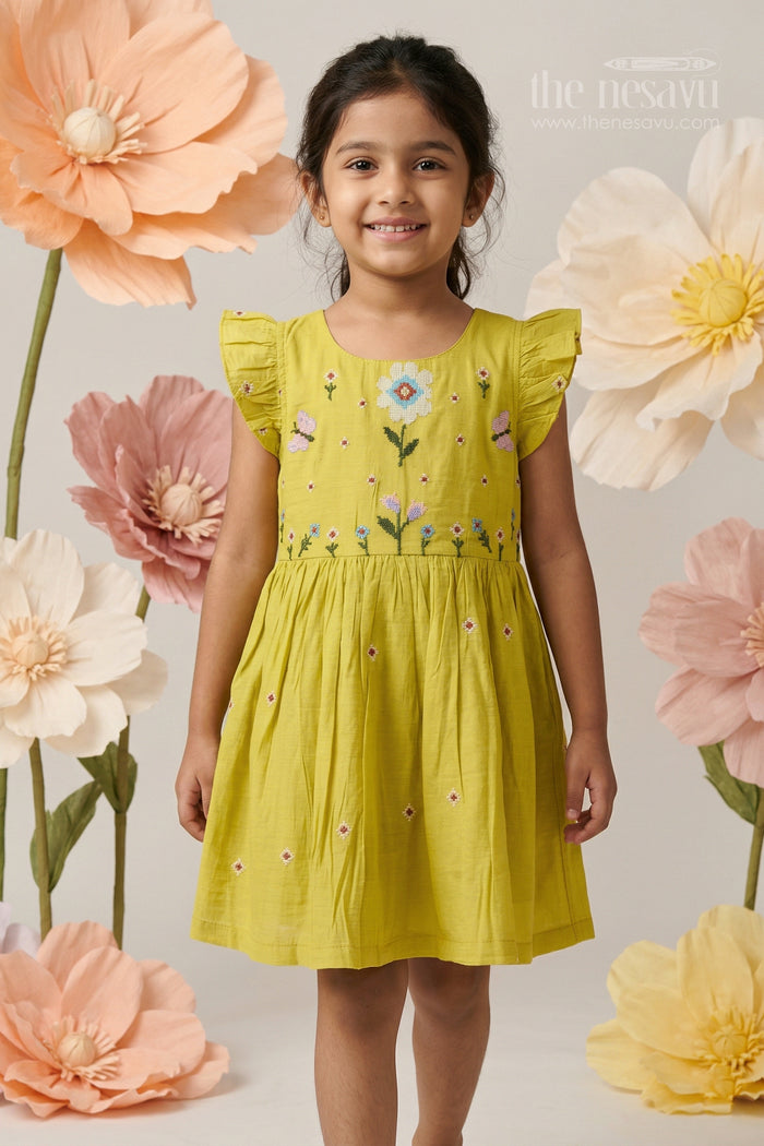 The Nesavu Girls Cotton Frock Girls Yellow Cotton Frock with Embroidery for Summer and Daily Wear Nesavu 20 (3Y) / Yellow / Cotton GFC2170B-20 Nesavu girls yellow cotton frock with embroidery for summer casual wear
