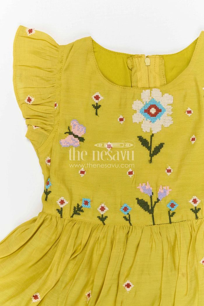 The Nesavu Girls Cotton Frock Girls Yellow Cotton Frock with Embroidery for Summer and Daily Wear Nesavu Nesavu girls yellow cotton frock with embroidery for summer casual wear