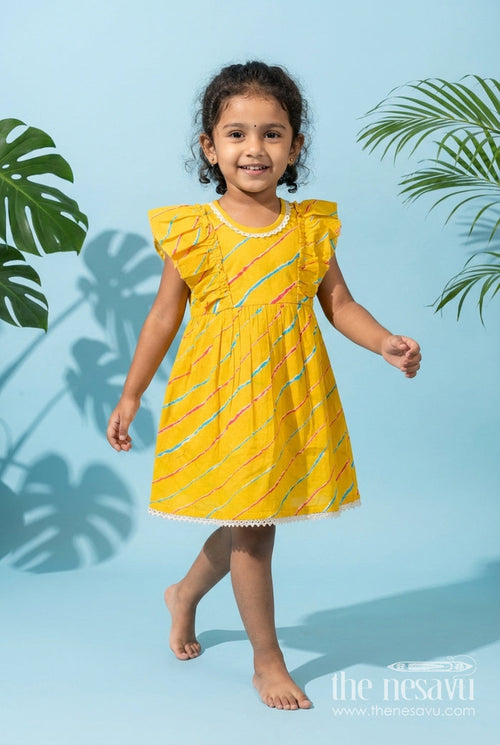The Nesavu Girls Cotton Frock Girls Yellow Cotton Frock with Flutter Sleeves for Summer Outings Nesavu 16 (1Y) / Yellow GFC2052A-16 Nesavu yellow cotton frock for girls with flutter sleeves and digital print – perfect for sunny days