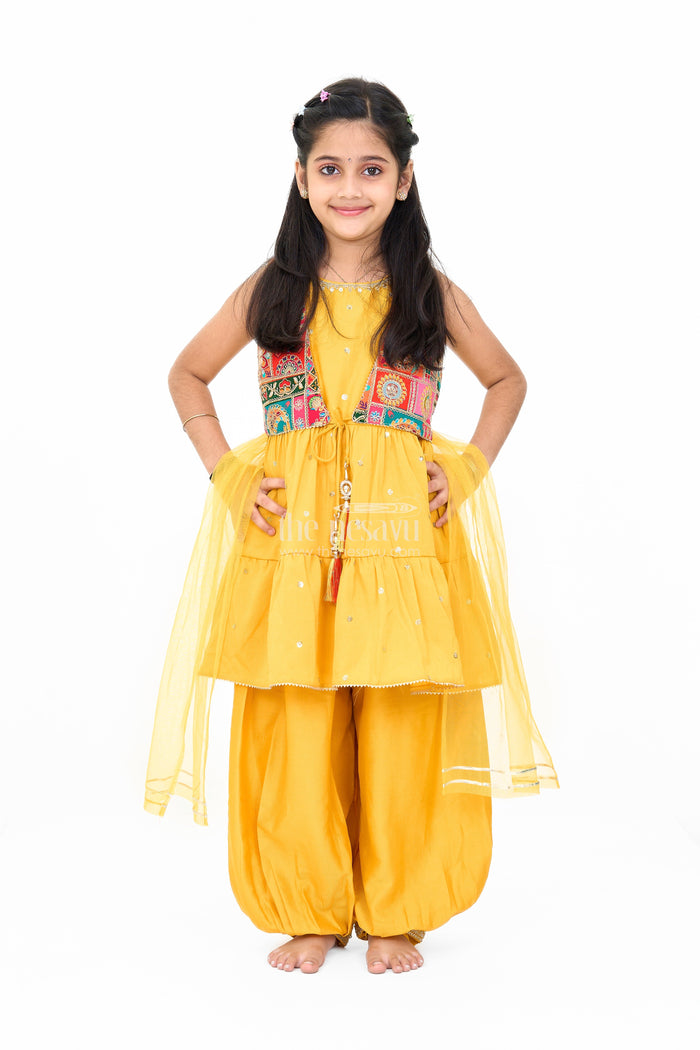 The Nesavu Girls Sharara / Plazo Set Girls Yellow Georgette Suit Set with Embellished Ethnic Jacket and Matching Dupatta Nesavu 16 (1Y) / Yellow GPS504A-16 Nesavu Girls Yellow Georgette Suit Set Embroidered Jacket Dupatta Festive Wear