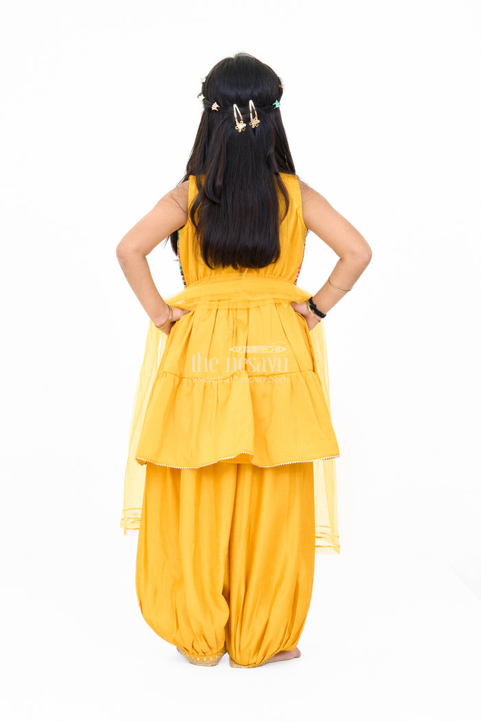 The Nesavu Girls Sharara / Plazo Set Girls Yellow Georgette Suit Set with Embellished Ethnic Jacket and Matching Dupatta Nesavu Girls Yellow Georgette Suit Set Embroidered Jacket Dupatta Festive Wear | The Nesavu