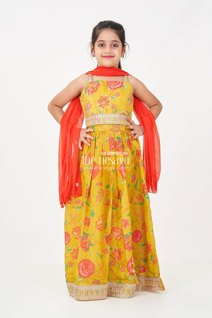 The Nesavu Girls Lehenga Choli Girls Yellow Lehenga for Reception with Floral Digital Prints and Embellished Waistband Nesavu Nesavu Girls Yellow Lehenga Reception Floral Digital Prints Embellished Waistband