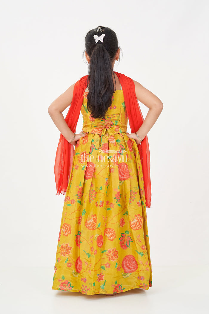 The Nesavu Girls Lehenga Choli Girls Yellow Lehenga for Reception with Floral Digital Prints and Embellished Waistband Nesavu Nesavu Girls Yellow Lehenga Reception Floral Digital Prints Embellished Waistband