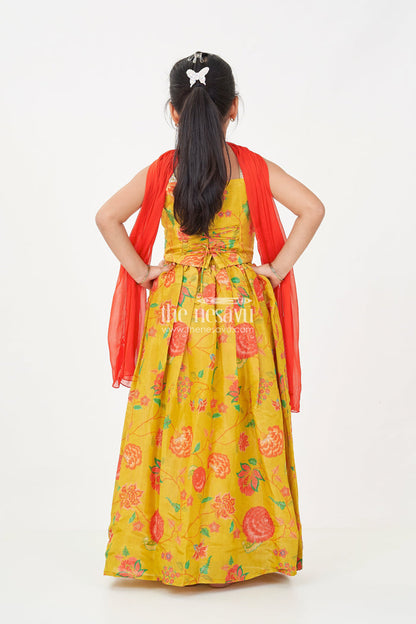 The Nesavu Girls Lehenga Choli Girls Yellow Lehenga for Reception with Floral Digital Prints and Embellished Waistband Nesavu Nesavu Girls Yellow Lehenga Reception Floral Digital Prints Embellished Waistband