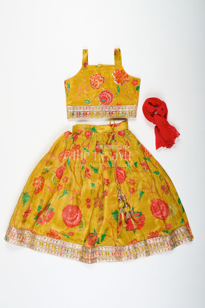 The Nesavu Girls Lehenga Choli Girls Yellow Lehenga for Reception with Floral Digital Prints and Embellished Waistband Nesavu Nesavu Girls Yellow Lehenga Reception Floral Digital Prints Embellished Waistband