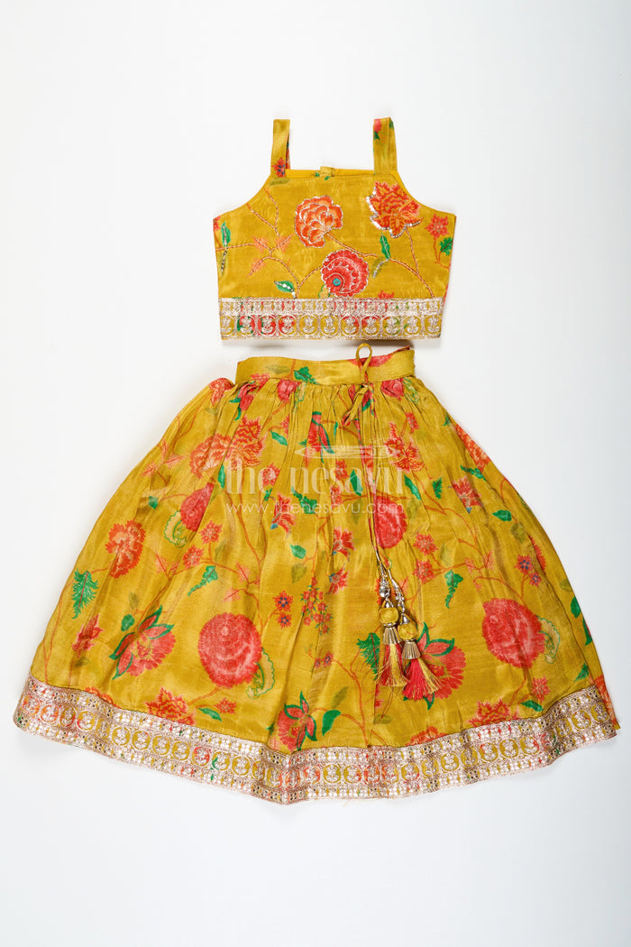 The Nesavu Girls Lehenga Choli Girls Yellow Lehenga for Reception with Floral Digital Prints and Embellished Waistband Nesavu Nesavu Girls Yellow Lehenga Reception Floral Digital Prints Embellished Waistband